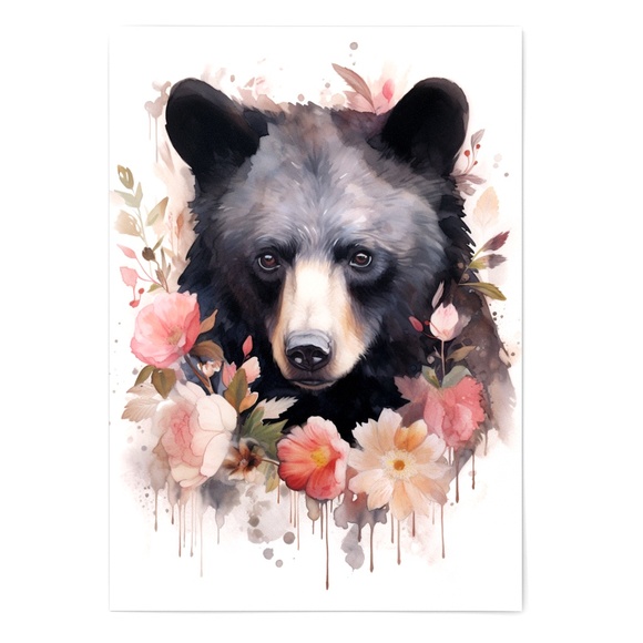 Watercolor Floral Black Bear Portrait Wall Art Illustration Print Unframed - Picture 2 of 5